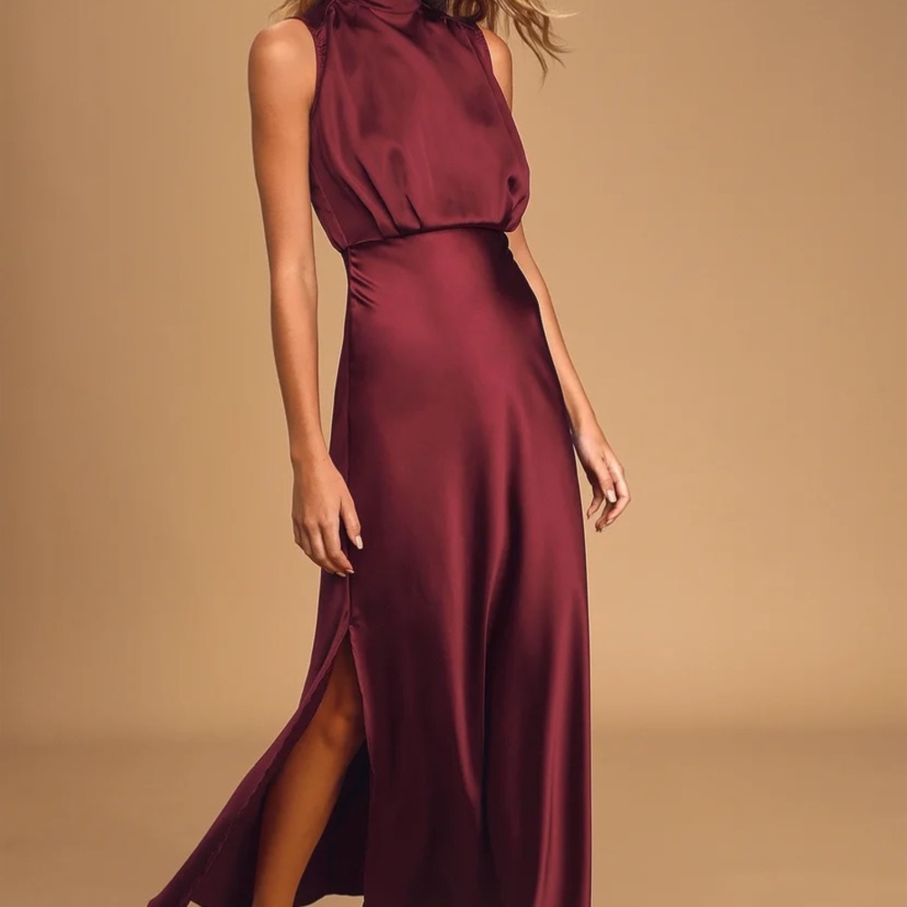 Classic Elegance Wine Satin Sleeveless Mock Neck Maxi Dress